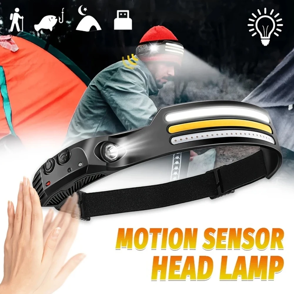 Fishing Headlamp - ไฟหน้าแบบเหนี่ยวนำ LED COB แบบชาร์จไฟได้พร้อมแบตเตอรี่ในตัว 10 โหมดเซ็นเซอร์หัวไฟฉายกลางแจ้งแคมป์ปิ้งตกปลาหัวโคมไฟ