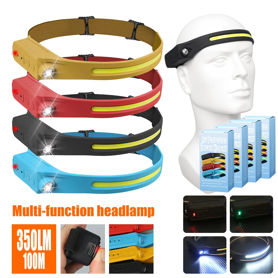 Fishing Headlamp - ไฟหน้าแบบชาร์จไฟได้ 350 ลูเมนเซ็นเซอร์ตรวจจับความเคลื่อนไหวไฟหน้า LED ไฟฉาย IP65