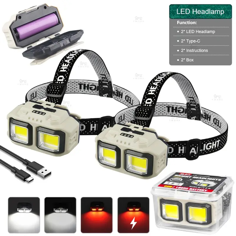 Fishing Headlamp - ไฟหน้าแบบ COB LED ไฟหน้าแบบชาร์จไฟได้ไฟฉายกันน้ำไฟทำงานไฟฉายคาดศีรษะเพื่อความปลอดภัยสำหรับการตกปลาตั้งแคมป์กลางแจ้ง