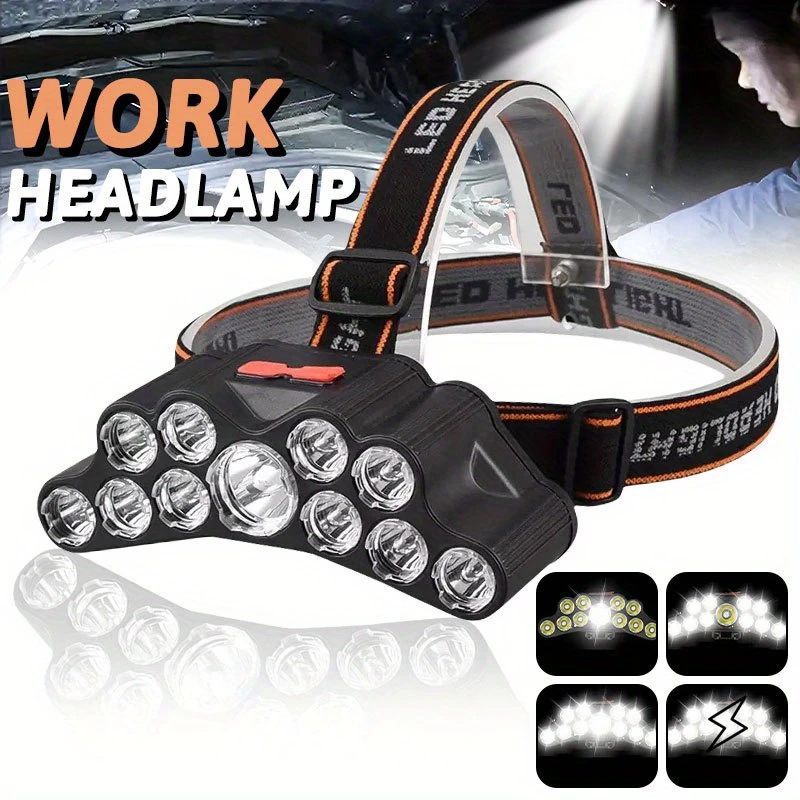 Fishing Headlamp - 11 LED ไฟหน้าแบบแรงสูงโคมไฟหัว Type-C ไฟหน้าแบบชาร์จไฟได้ในตัว 18650