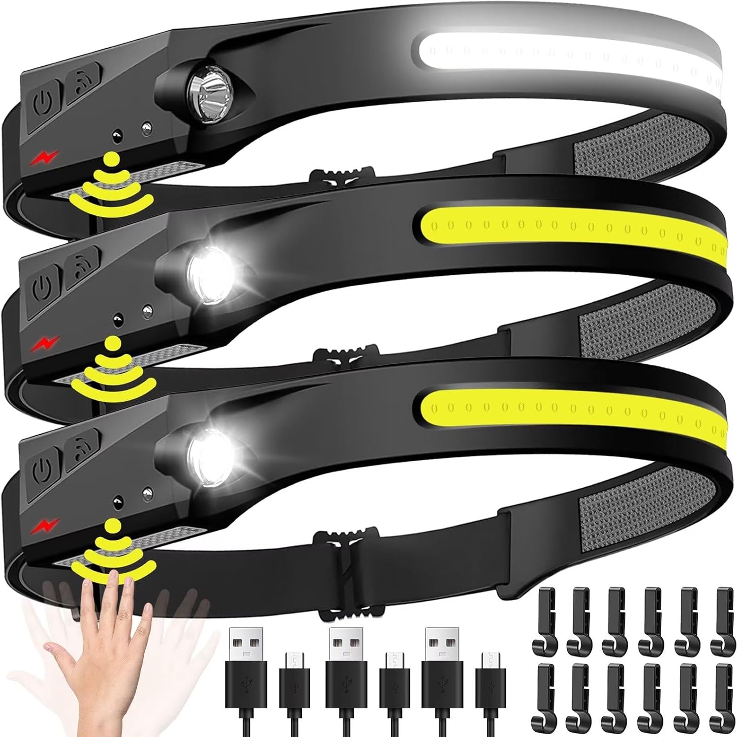 Fishing Headlamp - ไฟหน้าแบบเซนเซอร์ ไฟฉาย LED ไฟหน้าแบบชาร์จไฟได้ ไฟฉายคาดศีรษะ แบตเตอรี่ในตัว