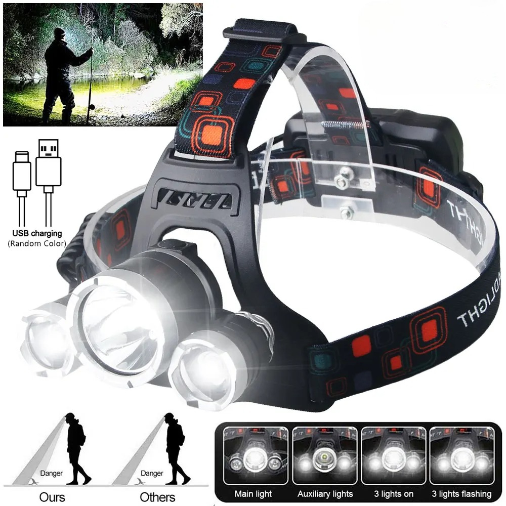 Fishing Headlamp - ไฟฉายคาดศีรษะ LED กำลังสูง แบตเตอรี่แบบชาร์จ 18650 90