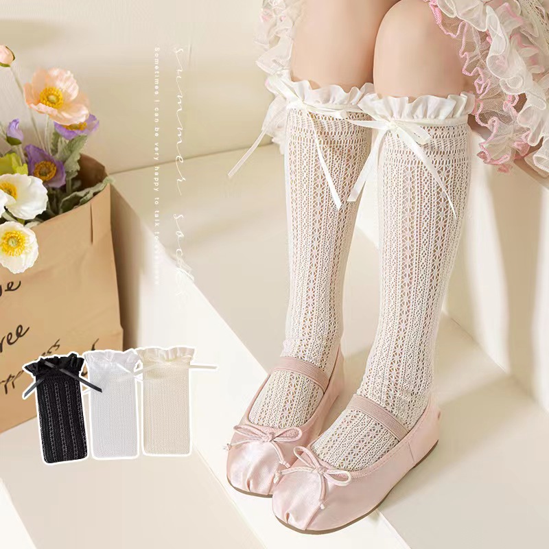 Fishing Equipment For Kids - สาวยาวถุงน่องลูกไม้หวานโบว์ Jacquard รูปแบบตาข่ายถุงเท้าเด็กสาวบัลเล่ต์ตกปลาสุทธิ Frilly ถุงเท้า Lolita