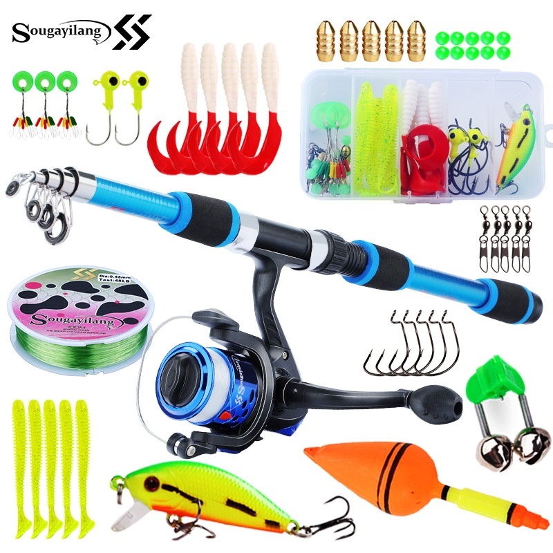Fishing Equipment For Kids - Sougayilang เด็กตกปลาชุดเสาชุดเต็มพร้อมคันเบ็ดยืดไสลด์และ Spinning Reel เหยื่อตะขอน้ําเค็ม Travel